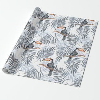 Papier Cadeau Toucanes et feuilles de palmiers. Gris