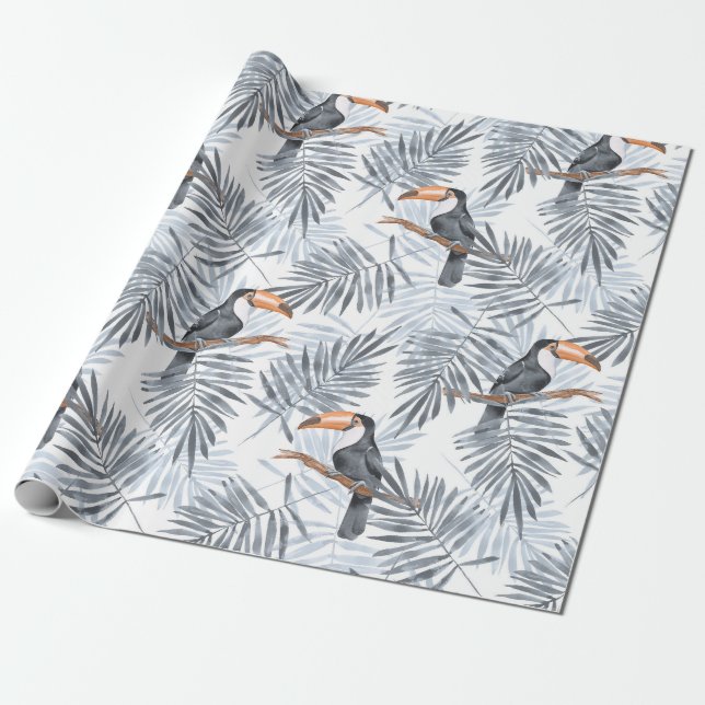 Papier Cadeau Toucanes et feuilles de palmiers. Gris (Déroulé)