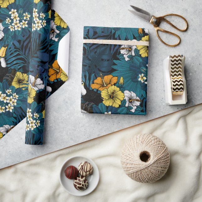 Papier Cadeau Toucans et flore tropicale, bleu, jaune, orange (Artisanat)