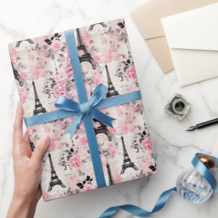 Papier Cadeau Tour Eiffel Chic Rose Noir & Blanc Paris Français