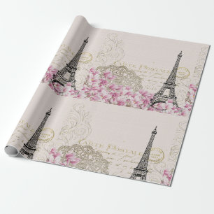 Papier Cadeau Tour Eiffel Paris Carré Rose Vintage Art