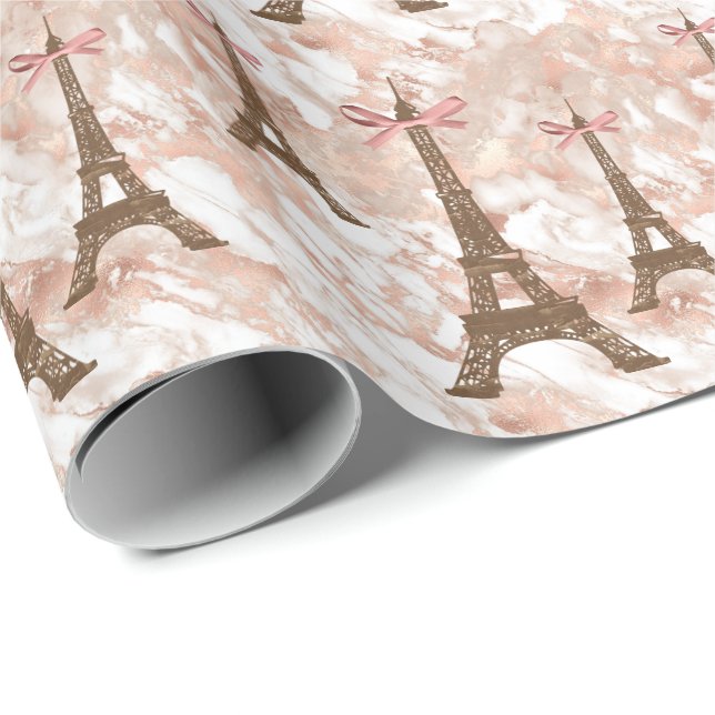 Papier Cadeau Tour Eiffel personnalisée Blanc, marbre or Rose (Coin rond)