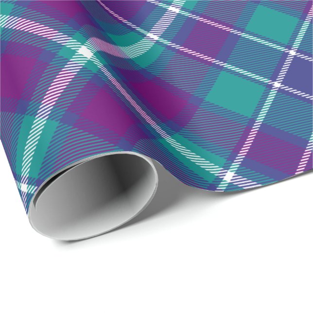Papier Cadeau Tourbé vert de mer, violet et bleu Tartan (Coin rond)