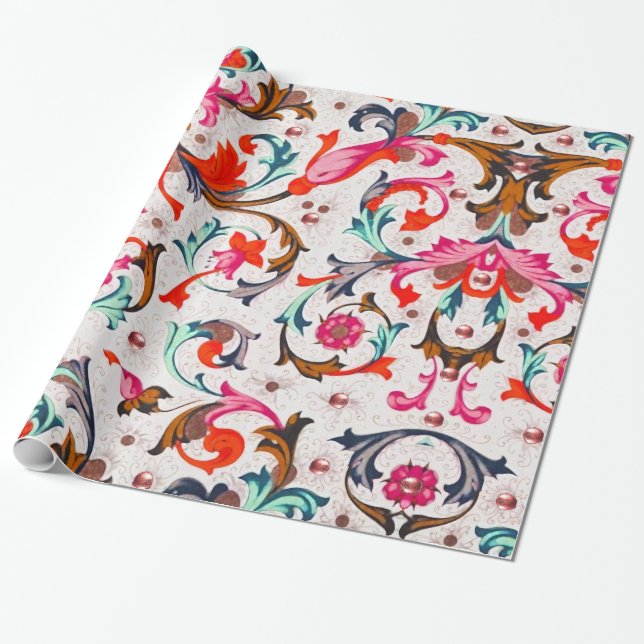 PAPIER CADEAU TOURBILLONS FLORAUX ROUGES DE LA RENAISSANCE FLORE (Déroulé)