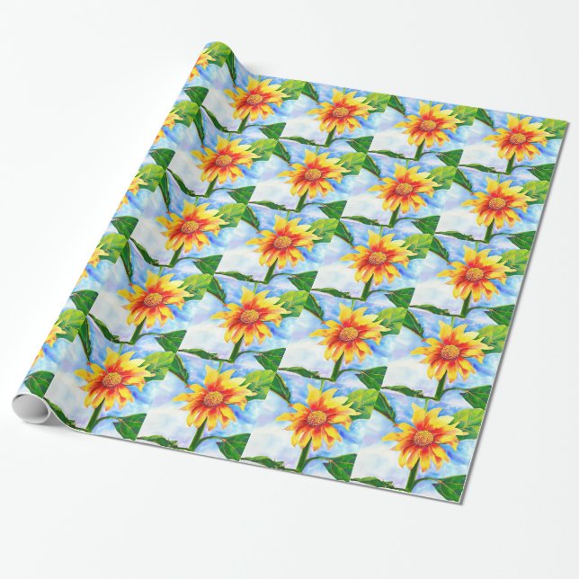 Papier Cadeau Tournesol aquarelle peinture jaune orangé floral (Déroulé)