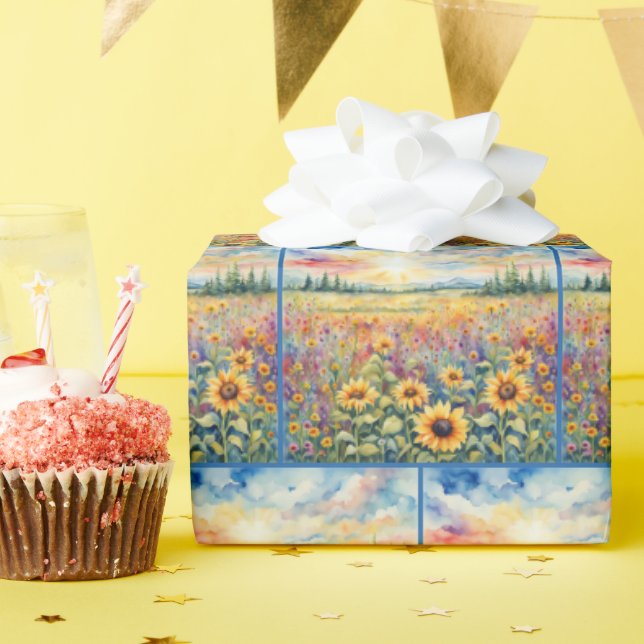 Papier Cadeau Tournesol d'aquarelle et champ Fleur sauvage (Fête d'anniversaire)