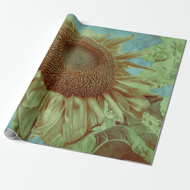 Papier Cadeau Tournesol géant Turquoise vert jaune antique Vinta (Déroulé)