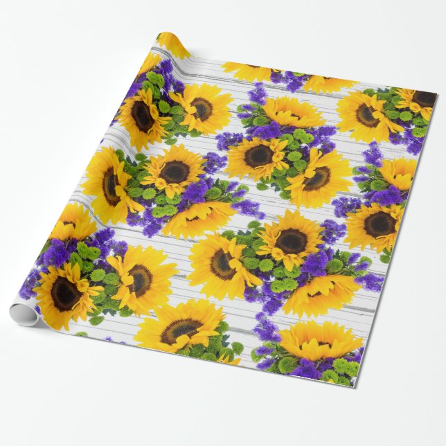 Papier Cadeau Tournesol jaune pourpre en bois blanc rustique de (Déroulé)