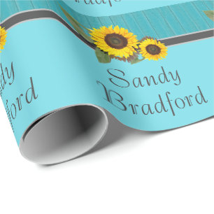Papier Cadeau Tournesol Mariage rustique Turquoise en bois gris 