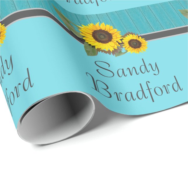 Papier Cadeau Tournesol Mariage rustique Turquoise en bois gris  (Coin rond)
