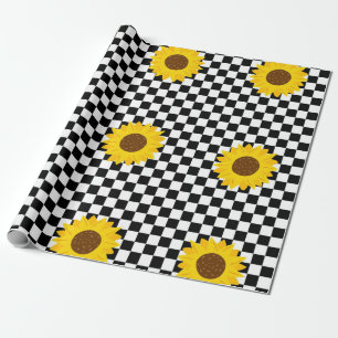 Papier Cadeau Tournesol noir et blanc À damiers Fleur Motif