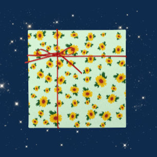 Papier Cadeau Tournesols Jaunes Vifs sur Fond Vert Doux