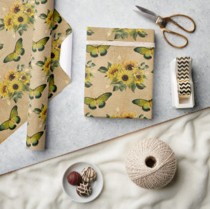 Papier Cadeau Tournesols vintages et papillons Papier à envelopp