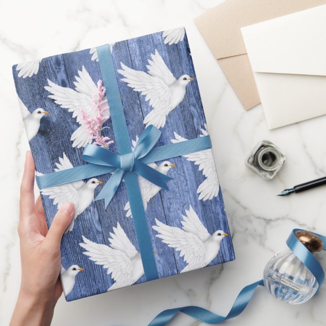 Papier Cadeau Tourterelles blanches carrelées Mariage rustique (Cadeaux)