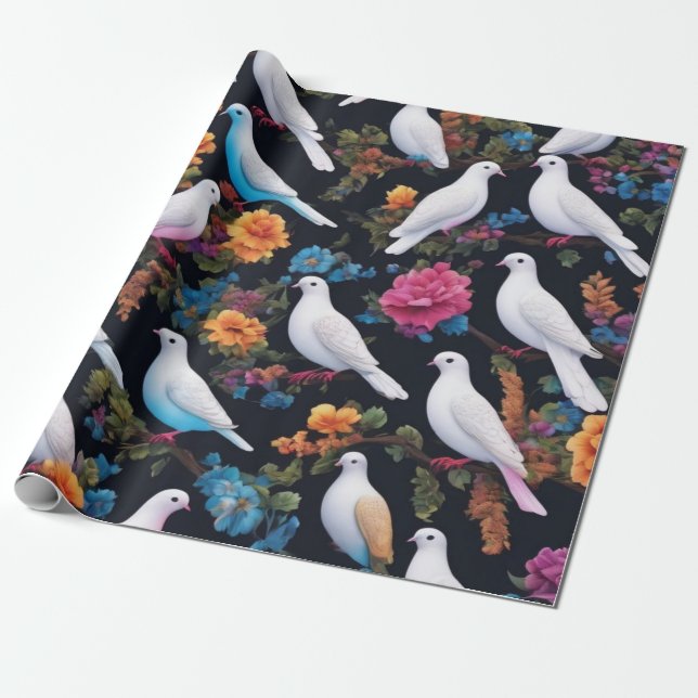 Papier Cadeau Tourterelles blanches Style Artifice (Déroulé)