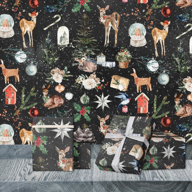 Papier Cadeau Tout Noël Reindeer Holly Stars Black (Everything Christmas Reindeer Holly Stars Black Holiday Gift Wrapping Paper Rolls)