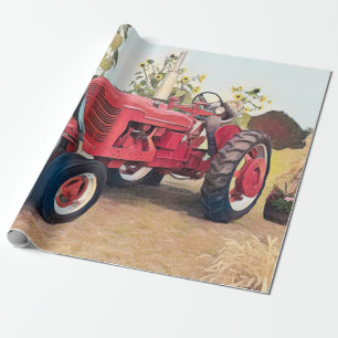 Papier Cadeau Tracteur agricole Red Retro Vintage Rustic Automne