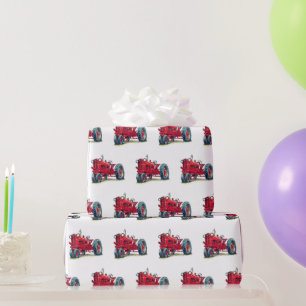 Papier Cadeau Tracteur de ferme rouge rétro en blanc