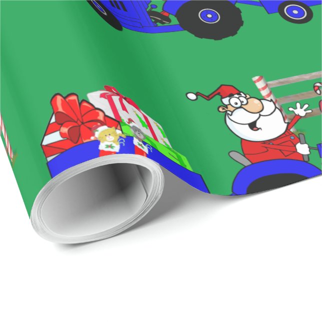 Papier Cadeau Tracteur Père Noël avec cadeaux Noël (Coin rond)