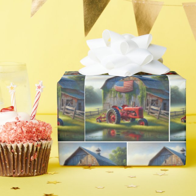 Papier Cadeau Tracteur Red Farm Avec Grange Patriotique (Fête d'anniversaire)