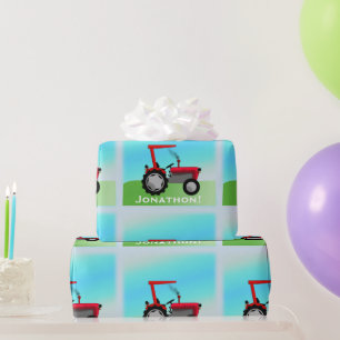 Papier Cadeau Tracteur rouge classique "Joyeux anniversaire, nom