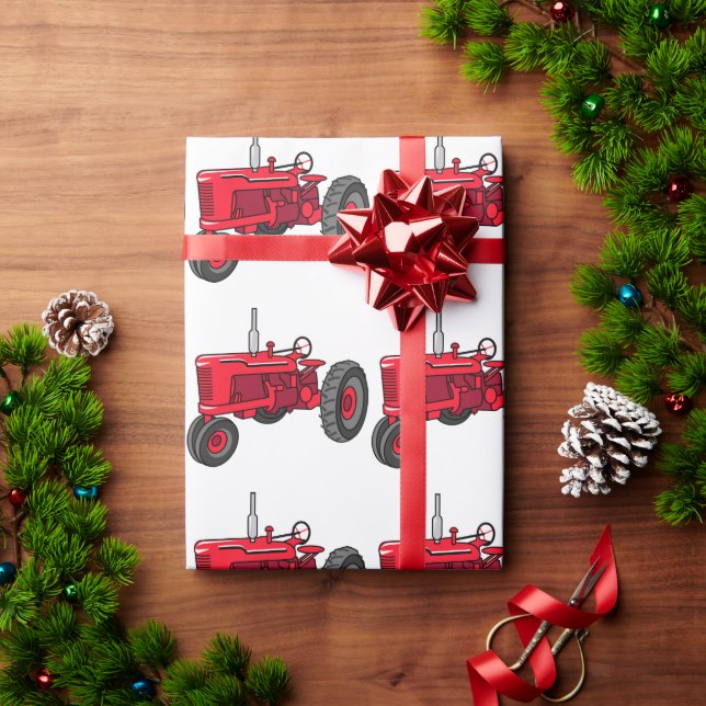 Papier Cadeau Tracteur rouge vintage (Cadeau de vacances)