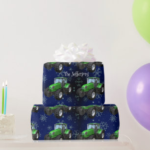 Papier Cadeau Tracteurs verts de ferme sur le Noël bleu