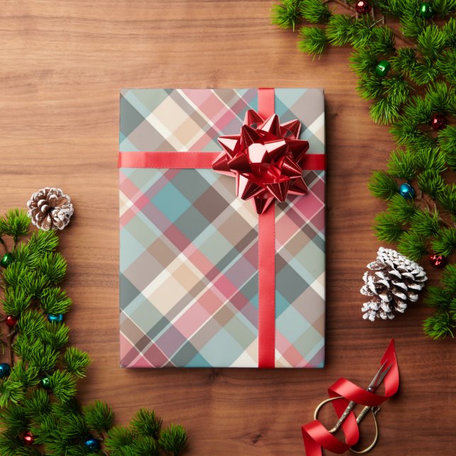 Papier Cadeau Traditionnel Noël Plaid Bleu Brown Rouge Motif (Cadeau de vacances)