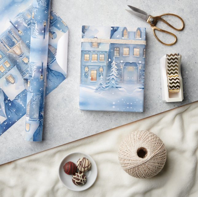 Papier Cadeau Traditionnel Russe d'hiver Ville Bleu Noël (Artisanat)