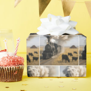 Papier Cadeau Train à locomotive vintage avec vaches