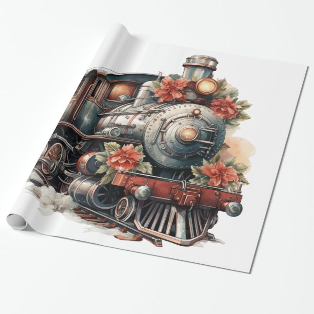 Papier Cadeau Train à vapeur à l'ancienne Noël rétro (Déroulé)