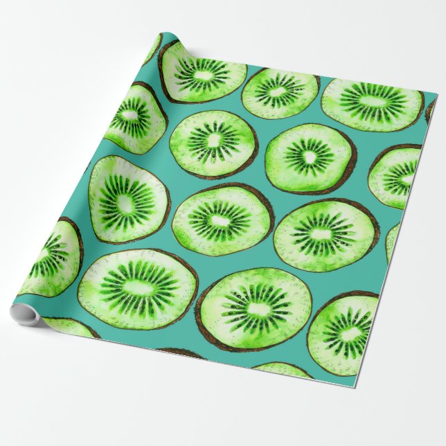 Papier Cadeau Tranches Kiwi sur turquoise (Déroulé)