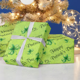 Papier Cadeau Trèfle aquarelle de la Saint-Patrick sur fond vert