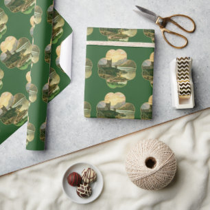 Papier Cadeau Trèfle doré chanceux vintage avec un château irlan