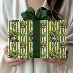 Papier Cadeau Trèfle rayé vert olive Pot Saint-Patrick