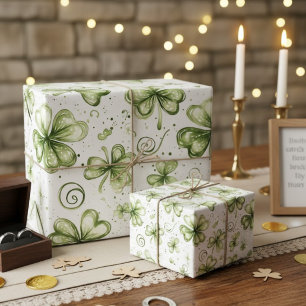 Papier Cadeau Trèfles à trois feuilles Shamrocks Vert Aquarelle
