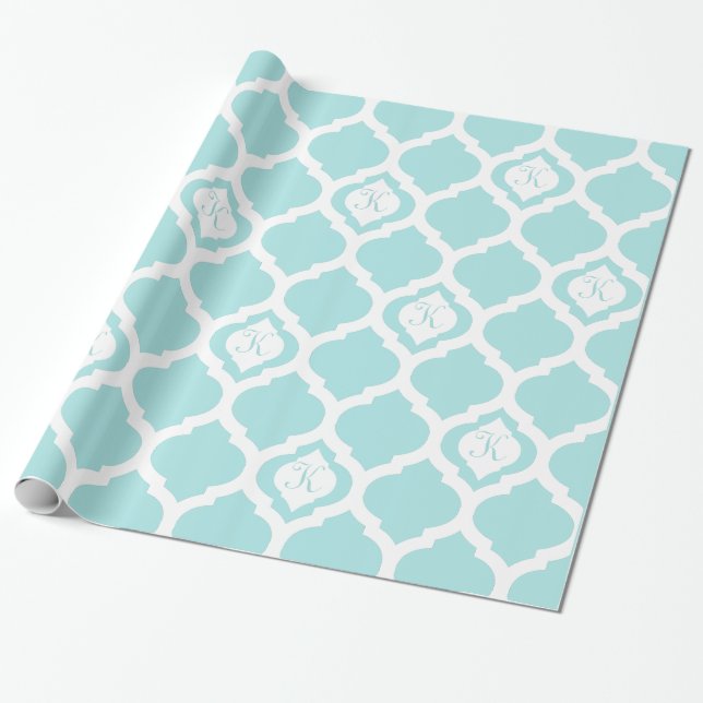 Papier Cadeau Trellis marocain aqua turquoise et blanc enveloppe (Déroulé)