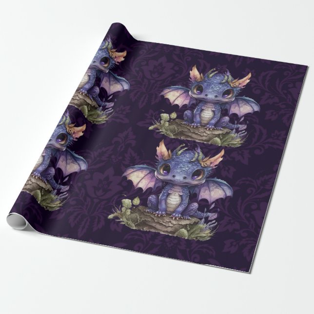 Papier Cadeau Trendy Damask Purple Dragon Girl Baby shower garço (Déroulé)