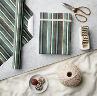 Papier Cadeau Trendy Green Stripe & Gold Parties scintillant Chr