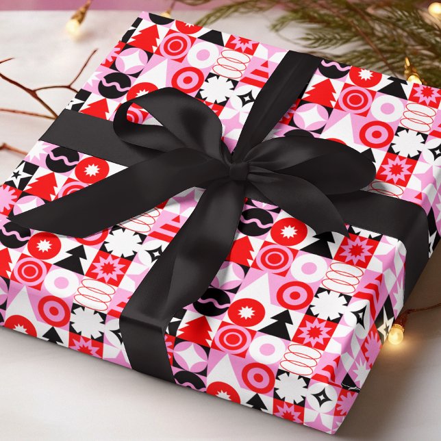Papier Cadeau Trendy Modern Geometric Christmas Pattern Red Pink (Créateur téléchargé)