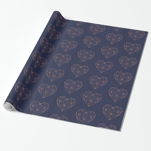 Papier Cadeau Trendy Rose Gold Foil Coeur géométrique Marine Blu (Déroulé)