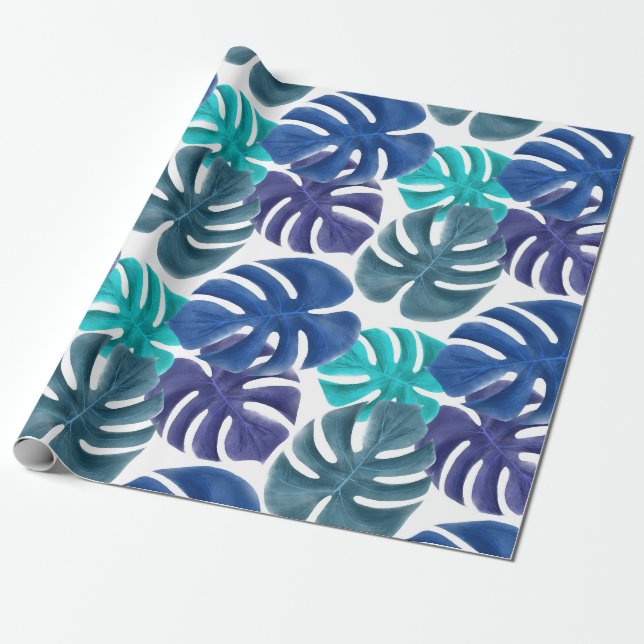 Papier Cadeau Trendy Tropical Royal Blue & Aqua Monstera Feuille (Déroulé)
