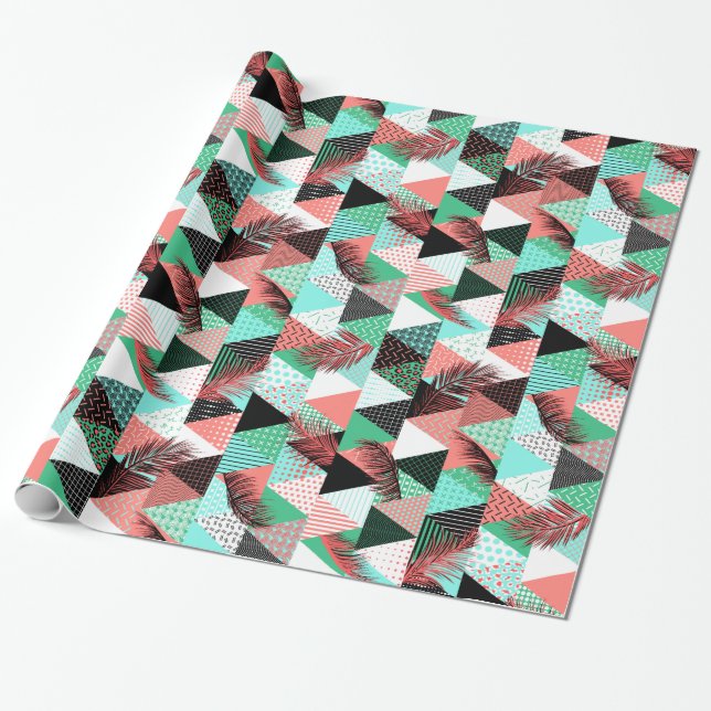 Papier Cadeau Triangles de style Memphis Turquoise corail (Déroulé)