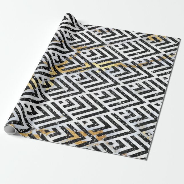 Papier Cadeau Triangles Diamants Art déco Marbre noir blanc (Déroulé)