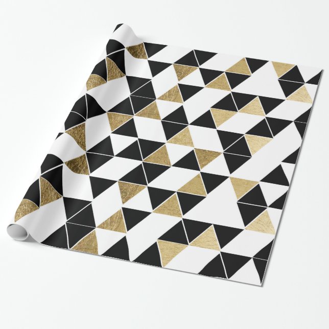 Papier Cadeau Triangles modernes noires, blanches, et de Faux (Déroulé)