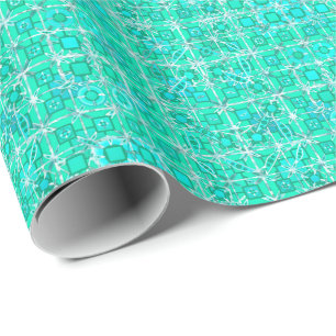 Papier Cadeau Tribal Batik - aqua et turquoise avec blanc