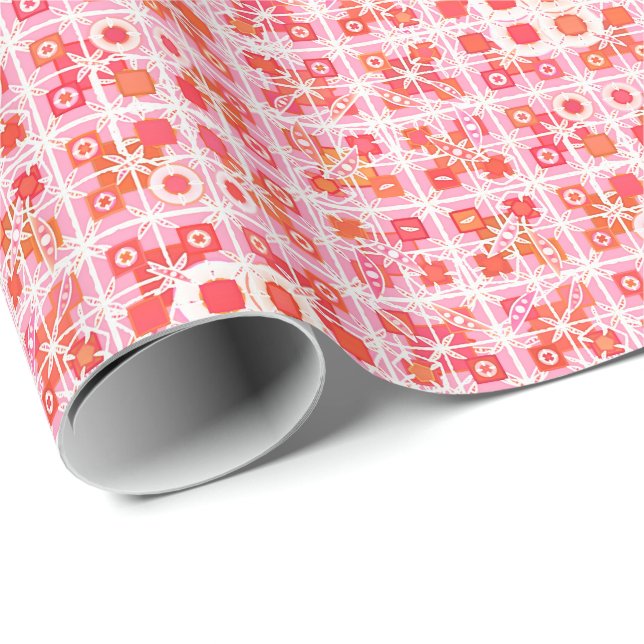 Papier Cadeau Tribal Batik - fraise rose et rouge (Coin rond)