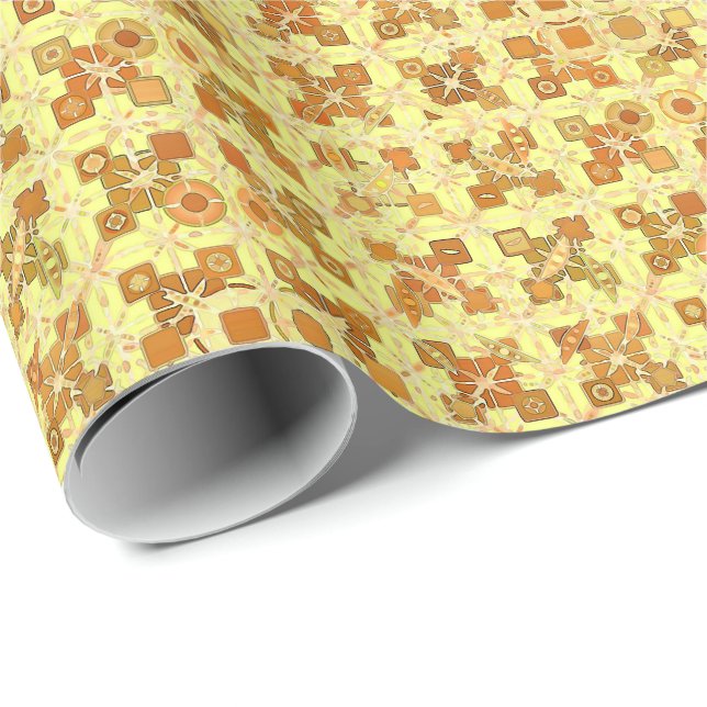 Papier Cadeau Tribal Batik - jaune doré, brun et bronzé (Coin rond)
