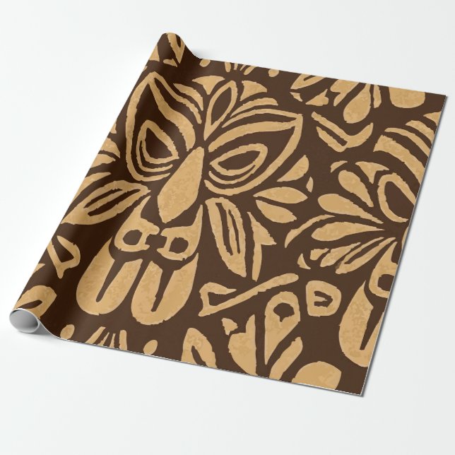 Papier Cadeau Tribal-Inspired Tiki Brown Pattern with Island Vib (Déroulé)