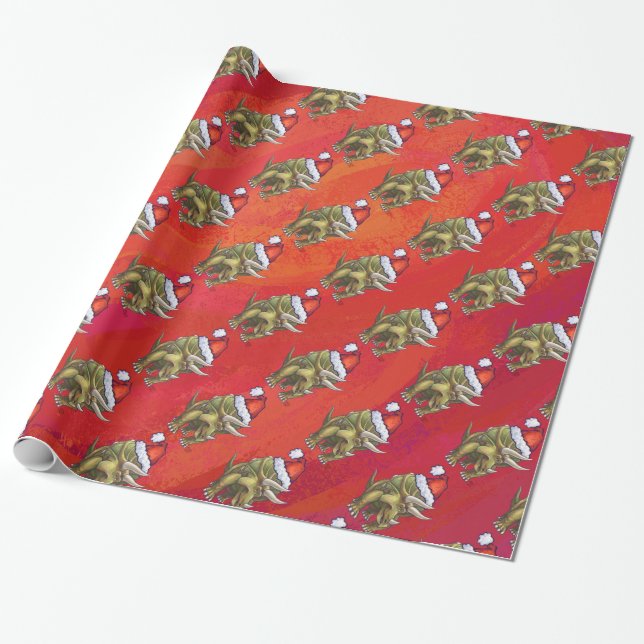 Papier Cadeau Tricératops Noël En Rouge (Déroulé)